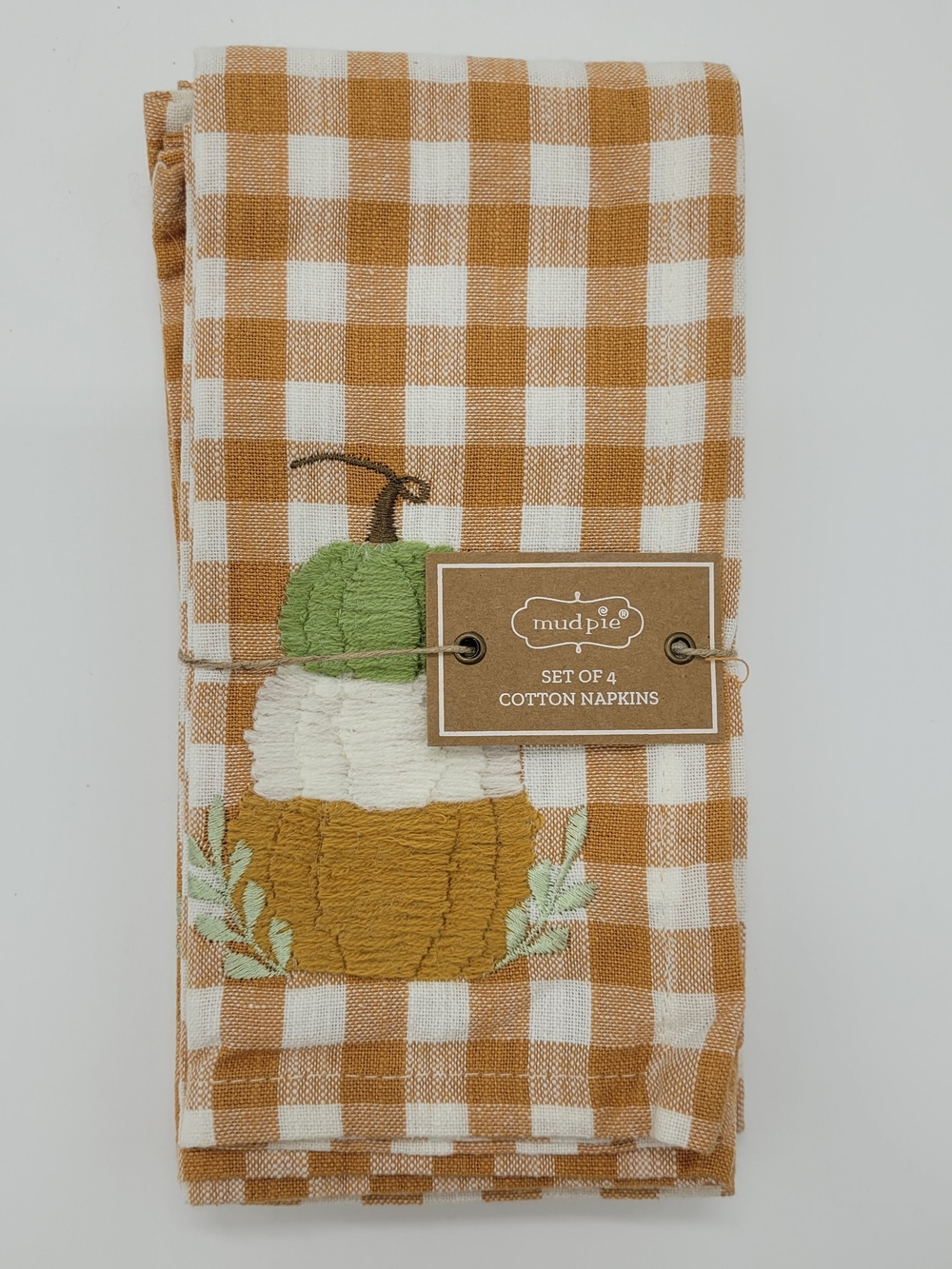 Mud Pie Napkin Set Of 4 Rust Off White Gingham Check Pumpkin Embroidery Fall NEW